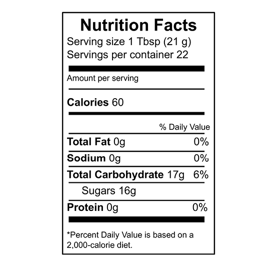 A nutrition facts label. Serving size 1 Tbsp (21 g); servings per container 22; calories per serving 60; total fat 0g (0% daily value); sodium 0g (0% daily value); total carbohydrate 17g (6% daily value); sugars 16g; protein 0g (0% daily value).